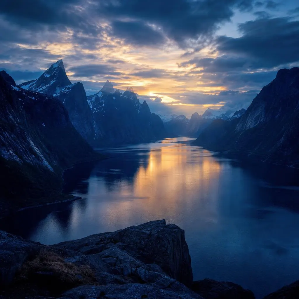 Fjord och dramatiskt nordiskt kvällsljus